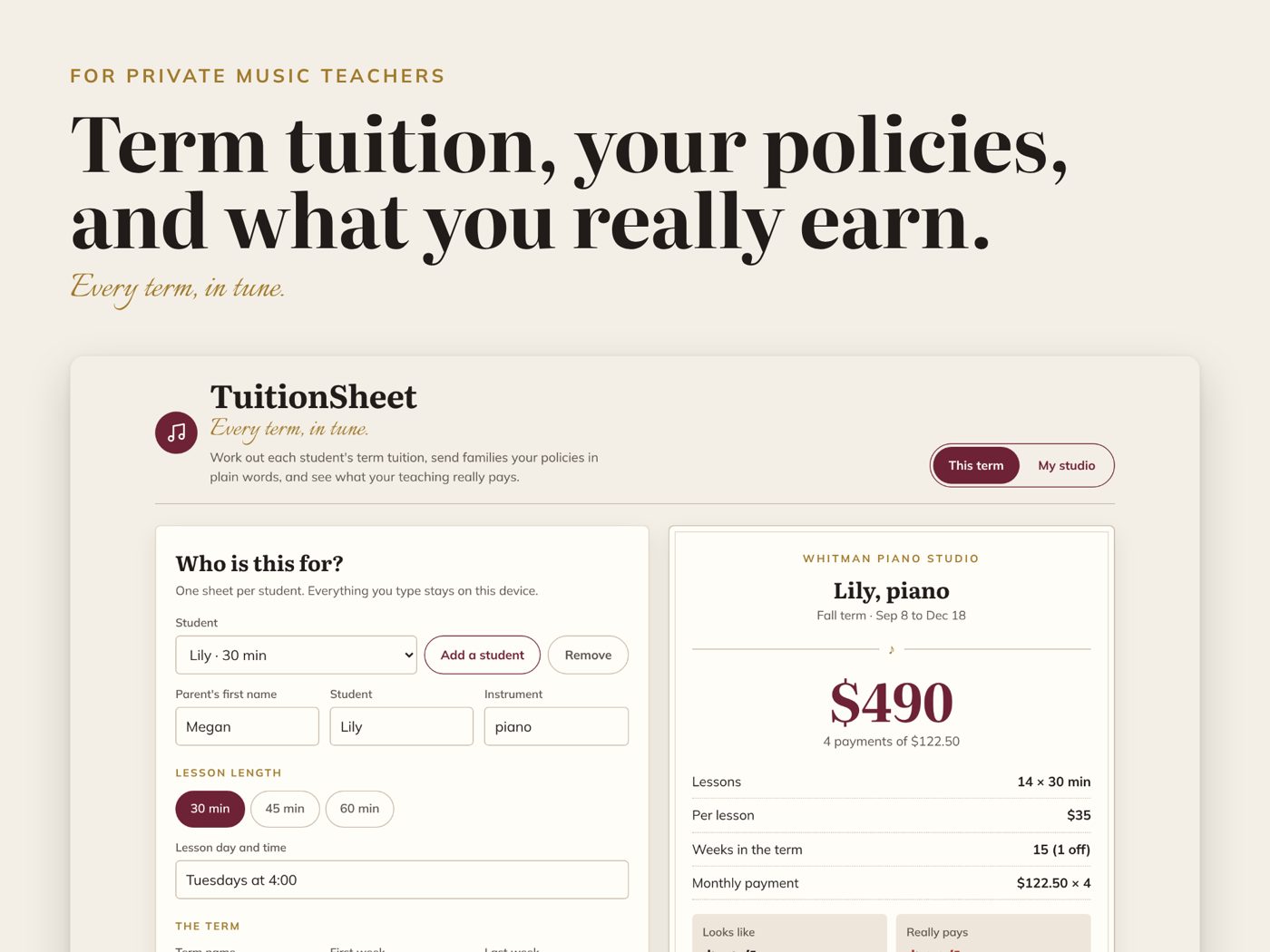 TuitionSheet screen 1